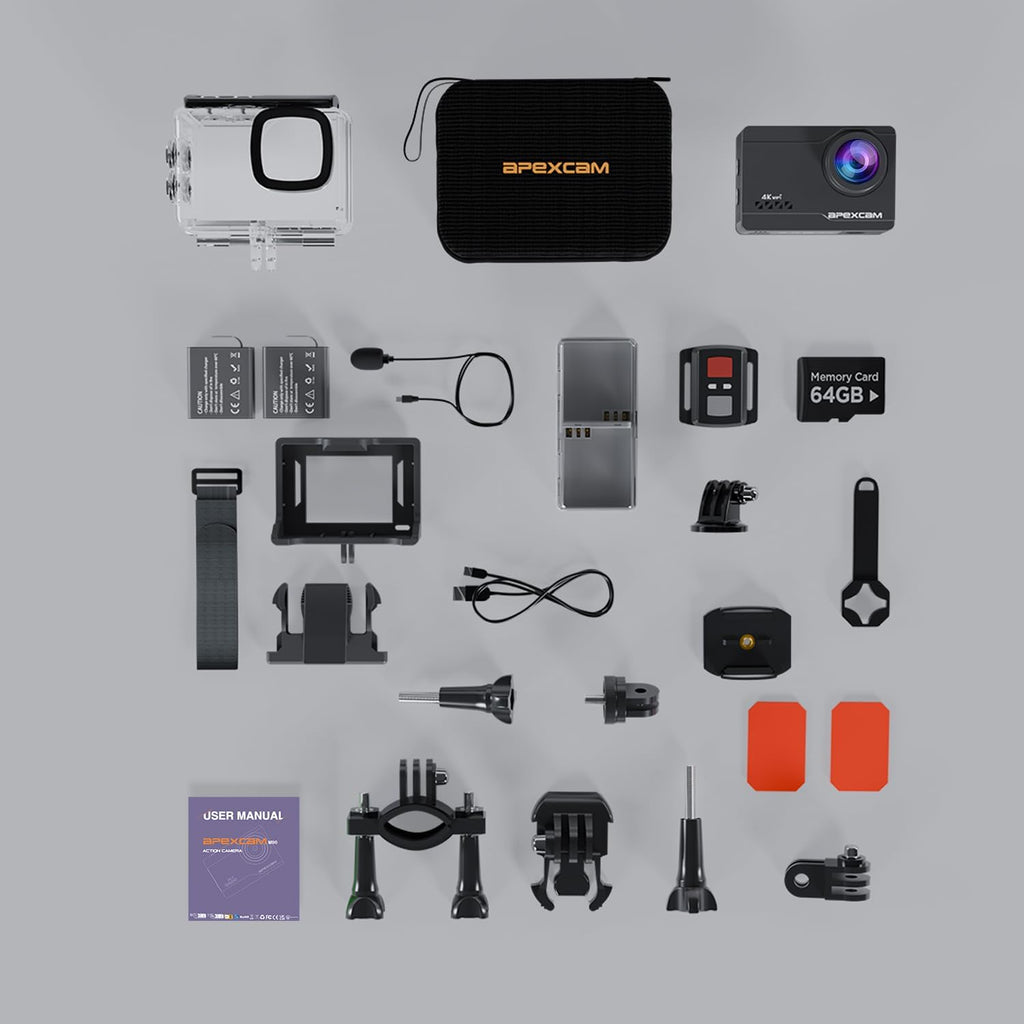 4K 60FPS 64MP Touchscreen Sports Camera with EIS Stabilization, 40M Waterproof WiFi Camera, 2 x 1350mAh Batteries, 64GB Card Included and Storage Case – Action Cam for Diving, Cycling, Skiing, Travel