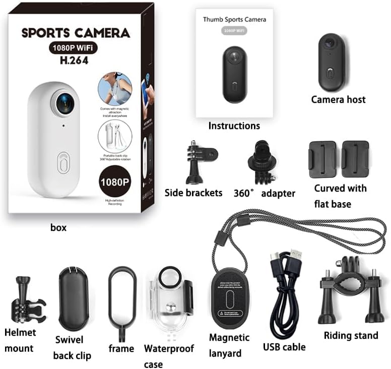 Mini Camera Sport 1080P Taille Pouce avec Clip Rotatif 360°et Clip Magnétique Action Cam Enregistrement POV Mains Libres Camera Portable Vlogging 120° pour Velo Motos Enregistrement Audio et Vidéo