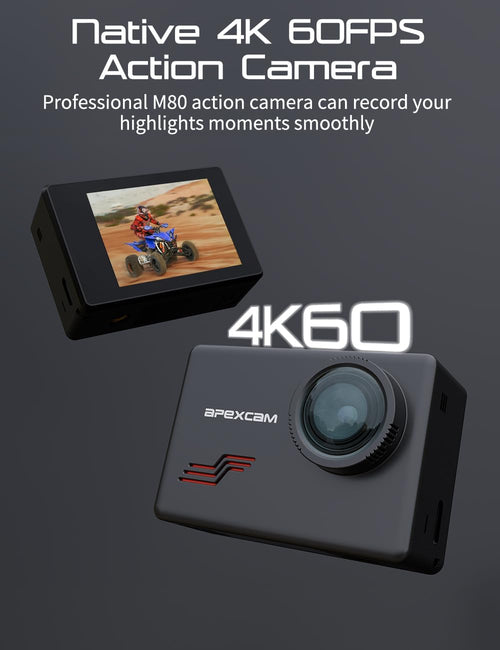 Apexcam M80 Caméra Sport 4K 60FPS avec Stabilisateur EIS Action cam avec Carte 64GB Camera Étanche 40M avec EIS 8X Zoom 170° Grand Angle avec Kits d'accessoires pour Vélo, Plongée, Randonnée
