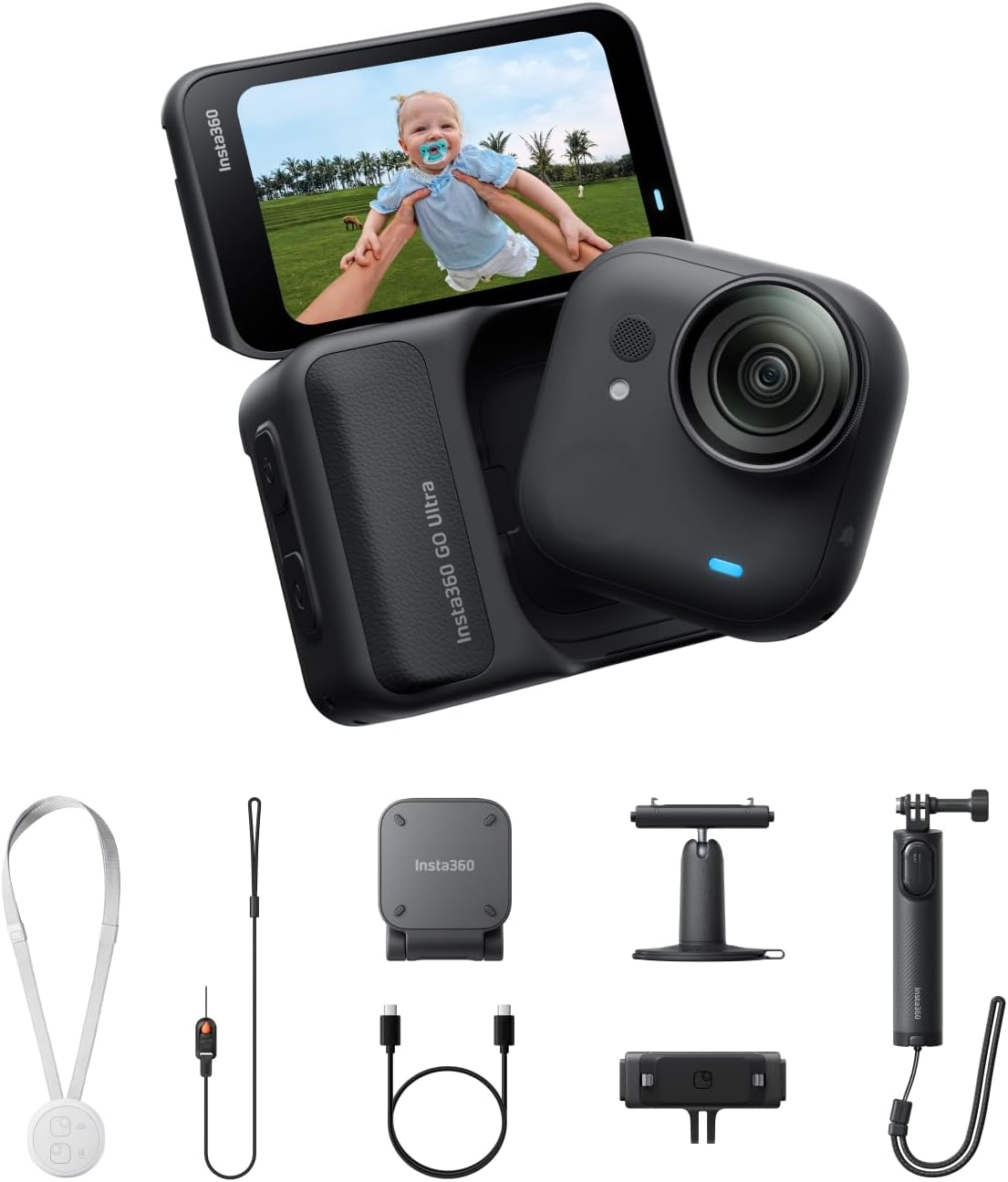 Insta360 GO Ultra Pack créateur Noir Minuit sans Carte mémoire – Caméra 4K Mains Libres Ultra-légère et Portable, stabilisation FlowState, Performance de Pointe en Basse lumière