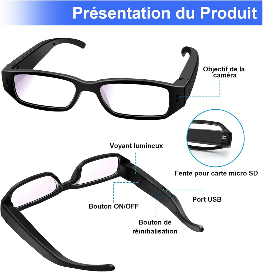 Hidden Camera for Glasses, 1080P HD Action Camera for Glasses, 16GB Spy Hidden Camera for Glasses Supporting Photo and Video Capture, Loop Recording