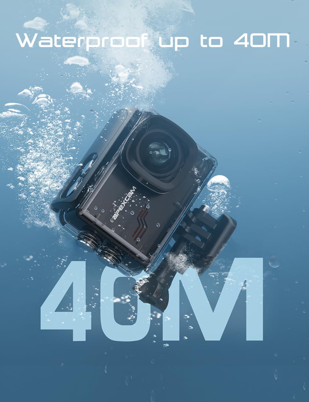 Apexcam M80 Caméra Sport 4K 60FPS avec Stabilisateur EIS Action cam avec Carte 64GB Camera Étanche 40M avec EIS 8X Zoom 170° Grand Angle avec Kits d'accessoires pour Vélo, Plongée, Randonnée