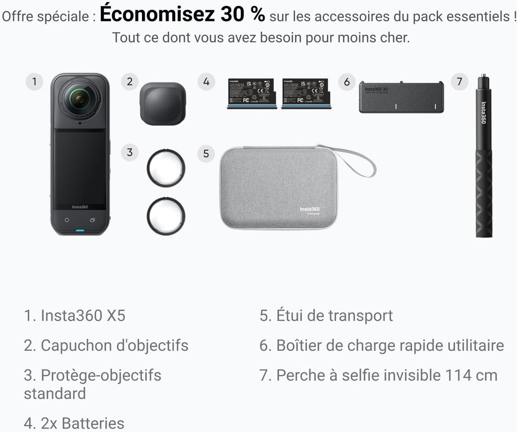 Insta360 X5 Essentials Pack – Wasserdichte 8K 360°-Kamera, herausragende Leistung bei schwachem Licht, unsichtbarer Selfie-Stick, robuste und austauschbare Objektive, 3 Stunden Akkulaufzeit, integrierter Windschutz, Bildstabilisierung