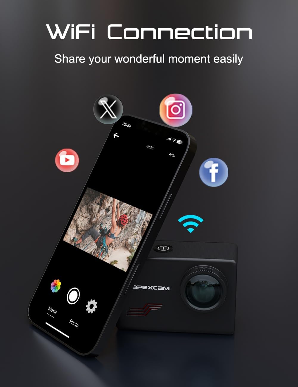 Apexcam M80 4K 60FPS Sports Camera with EIS Stabilization, Action Cam with 64GB Card, Waterproof to 40M, 8X Zoom, 170° Wide Angle, and Accessory Kits for Cycling, Diving, and Hiking