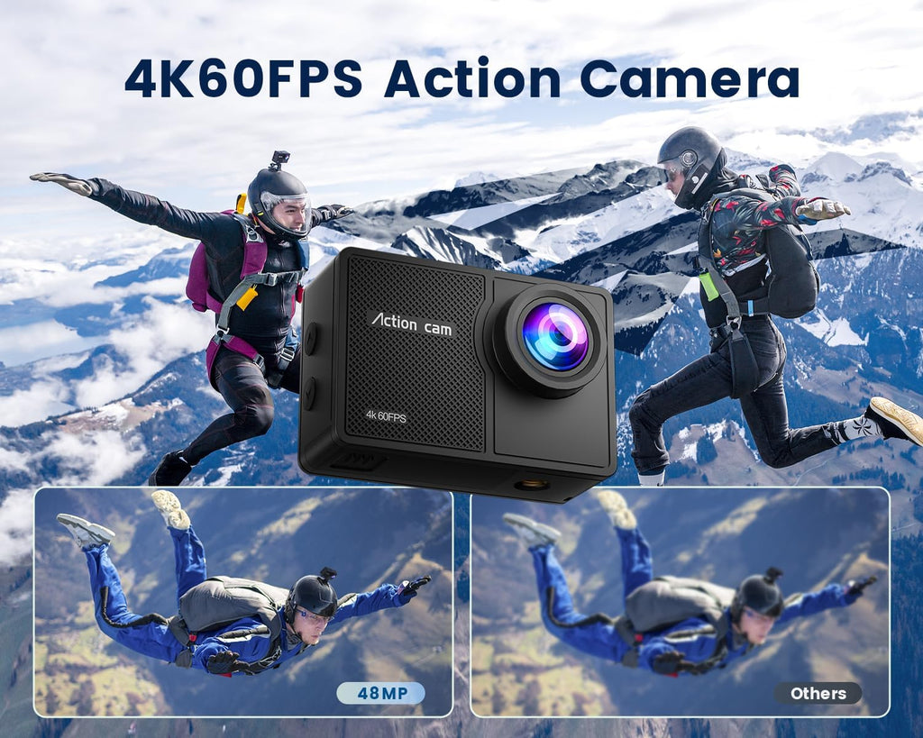 4K 60FPS Sports Camera with 64GB Micro SD Card, 8X Zoom, 131ft Waterproof Camera, 48MP Action Camera with EIS, 170° Underwater Camera, WiFi Remote Control, 2 x 1350mAh Batteries, and Various Accessories