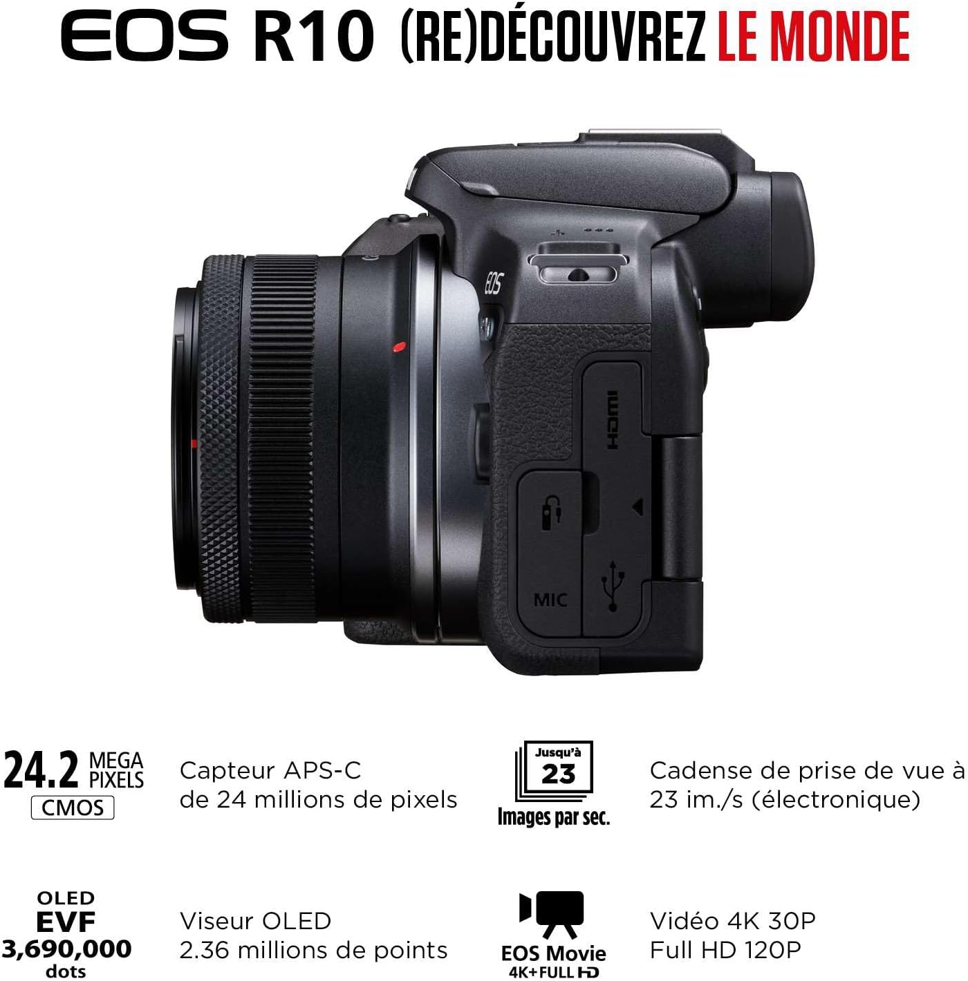 Canon EOS R10 Appareil Photo Hybride Format APS-C 24 Mpixels Noir Plus Objectif Canon RF-S 18-45mm F4.5-6.3 is STM Standard