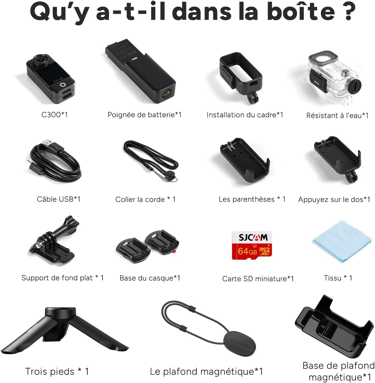 SJCAM C300 Camera Vlog 4K,460 Min d'Autonomie,Double Écran Tactile,Caméra Sport Aquatique,Stabilisation 6 Axes,Idéale pour Vlog,Voyages,Activités Extérieures,Kit avec Accessoires,Noir (64G)