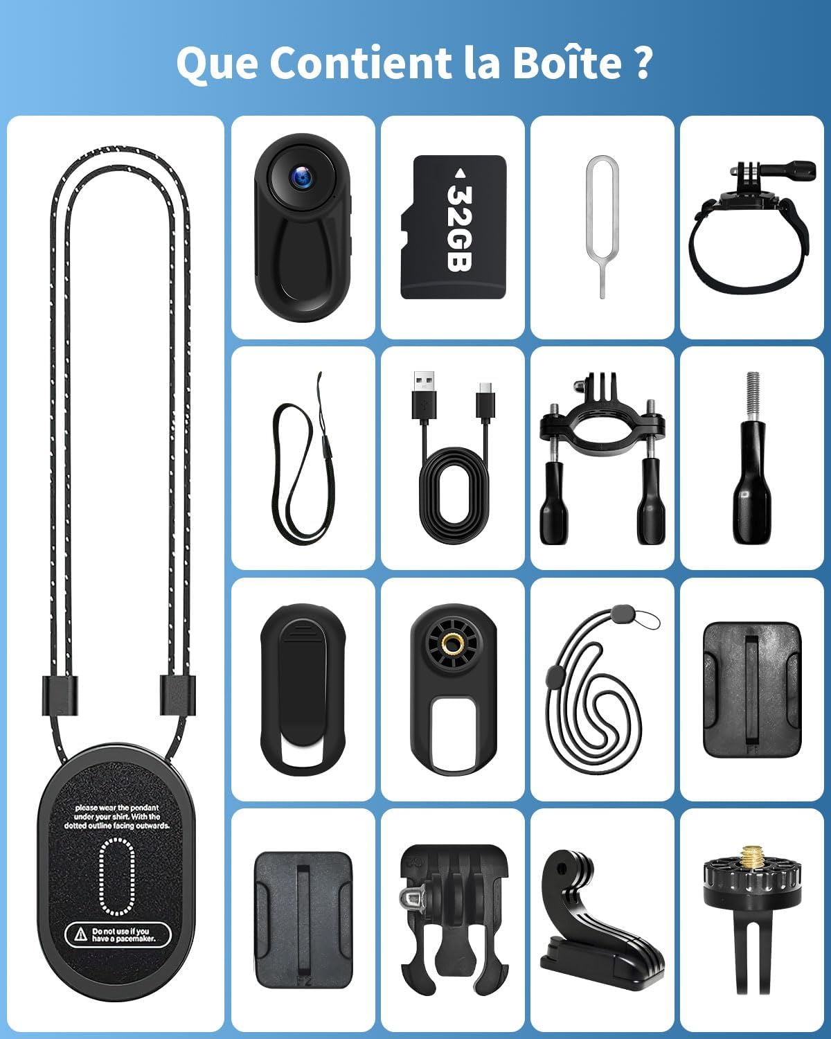 Mini Caméra Sport, 32GB Action Cam 1080P HD, 120° Caméra d'Action Camera Corporelle Vlog avec Vision Nocturne Caméra de Casque Moto Multifonction Accessoires