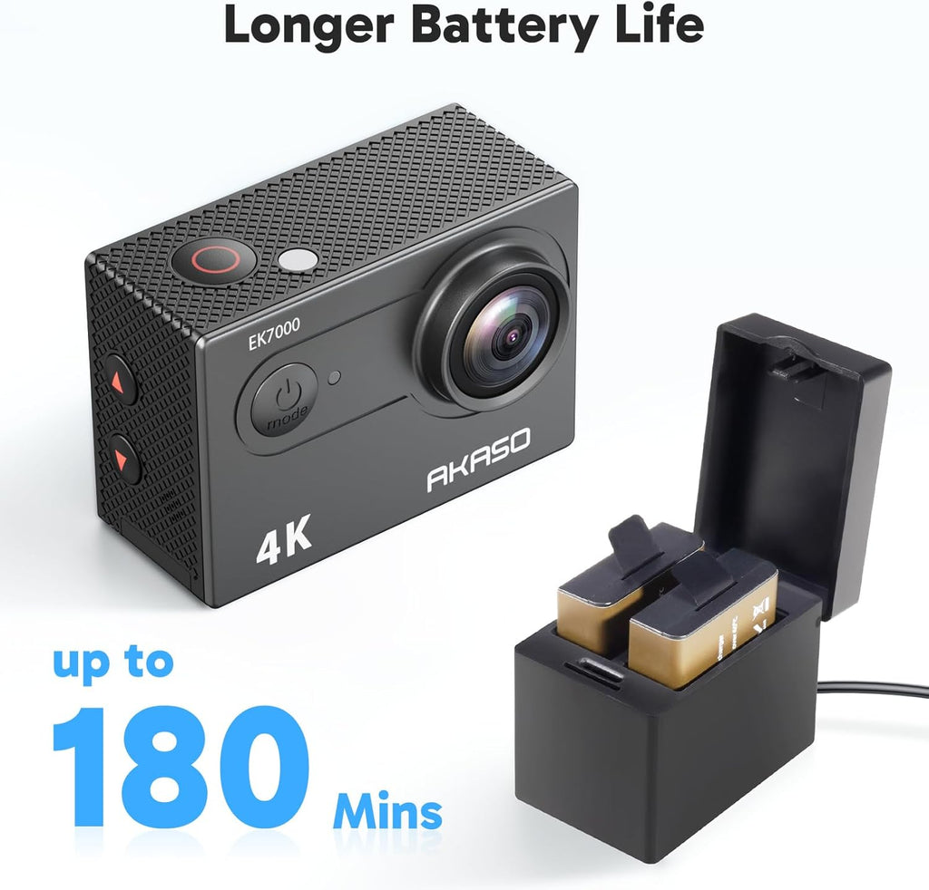 AKASO EK7000 4K 30fps 20MP WiFi Sports Camera with 64GB microSDXC Memory Card, Waterproof up to 30M 4K Action Camera with 170° Wide Angle Stabilization and 2.4G Remote Control