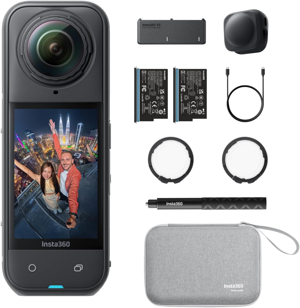 Insta360 X5 Essentials Pack – Wasserdichte 8K 360°-Kamera, herausragende Leistung bei schwachem Licht, unsichtbarer Selfie-Stick, robuste und austauschbare Objektive, 3 Stunden Akkulaufzeit, integrierter Windschutz, Bildstabilisierung