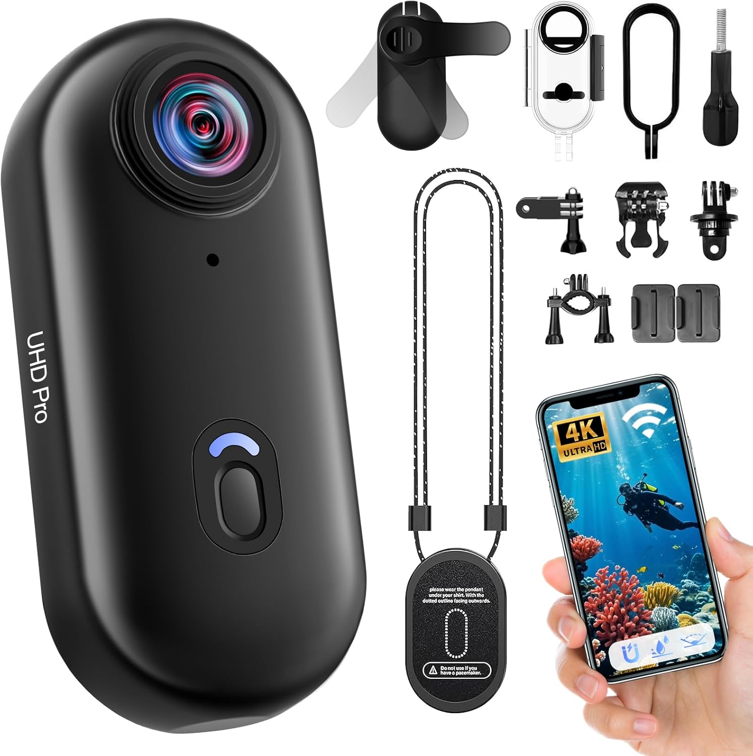 Caméra Sport 4K, Camera Action WiFi 120°, Minicaméra Sportive Étanche 30M Action Cam Corporelle Camera Vlog Petite Caméra Vidéo Vélo Casque avec Accessoires Multifonctions
