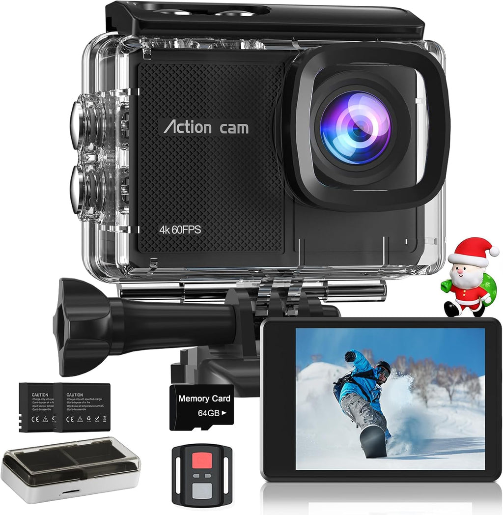 4K 60FPS Sports Camera with 64GB Micro SD Card, 8X Zoom, 131ft Waterproof Camera, 48MP Action Camera with EIS, 170° Underwater Camera, WiFi Remote Control, 2 x 1350mAh Batteries, and Various Accessories
