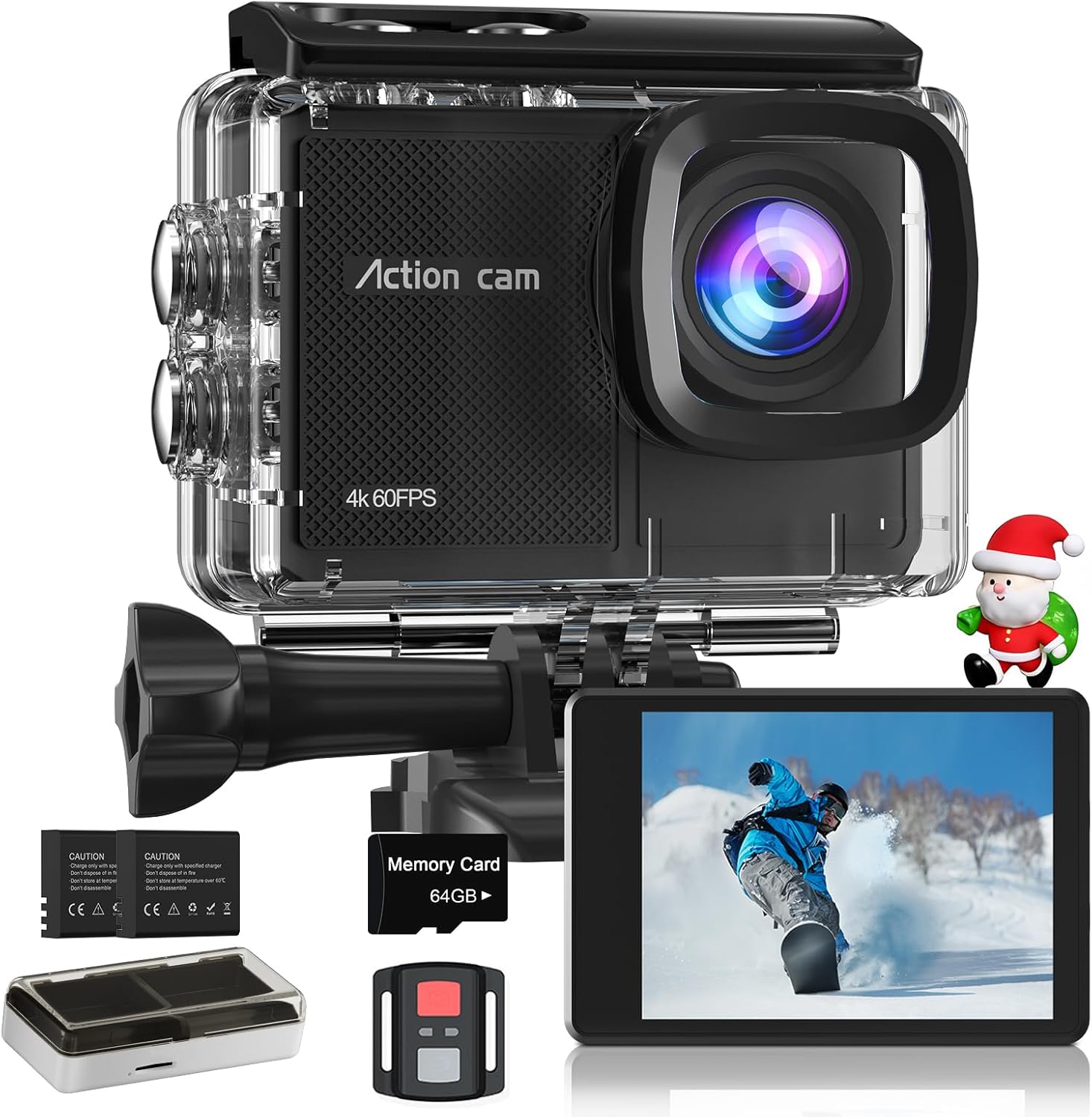 Caméra Sport 4K 60FPS avec Micro SD 64GB,8X Zoom 131ft Caméras Étanche,48MP Caméra d'action EIS,170° Camérasous-Marine Télécommande WiFi 2 * 1350 mAh Divers Accessoires