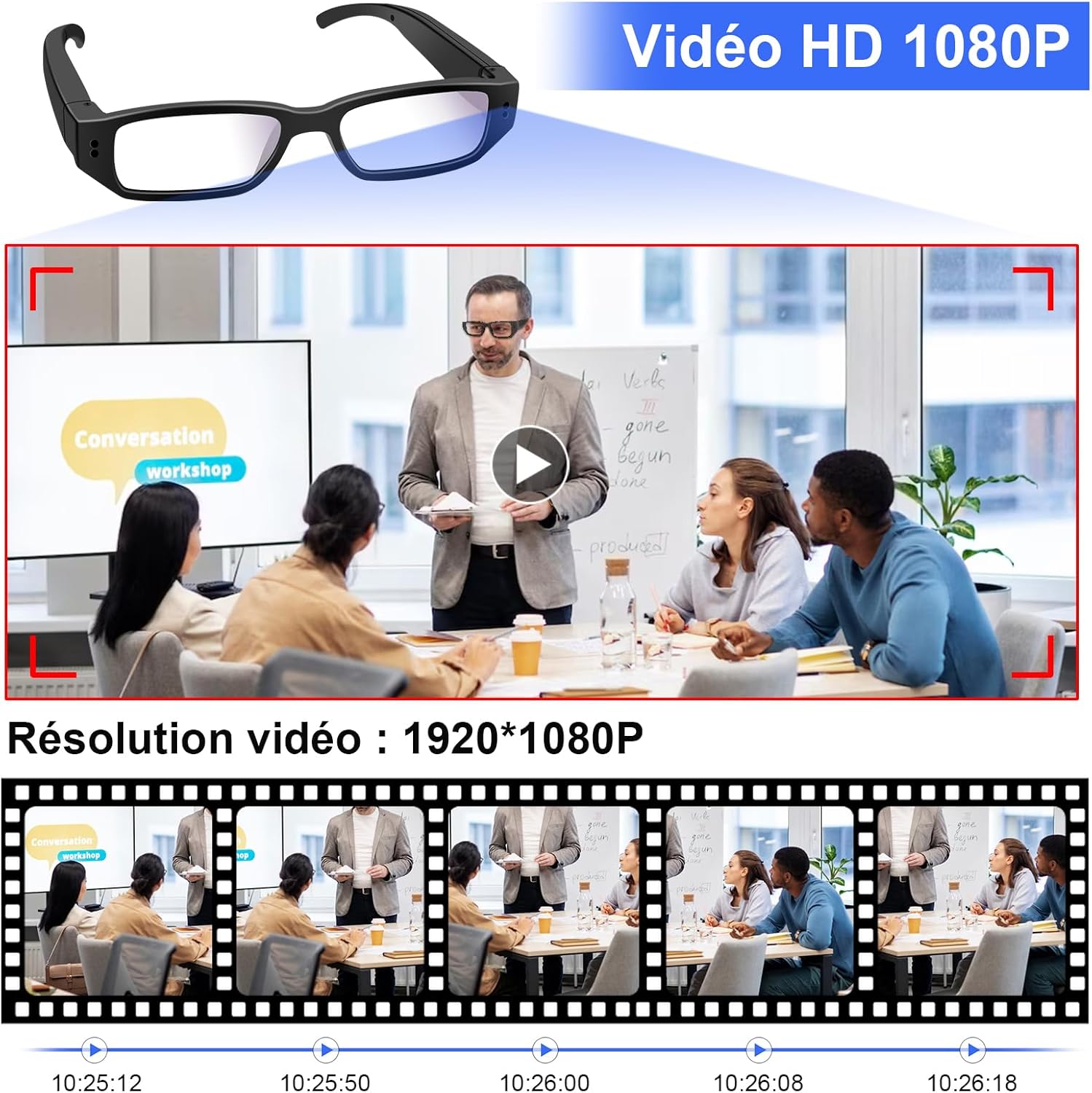 Caméra Cachée à Lunettes, Caméra d'action à Lunettes HD 1080P, Caméra Cachée Espion à Lunettes 16 Go Prenant en Charge la Prise de Photos et de Vidéos, Enregistrement en Boucle