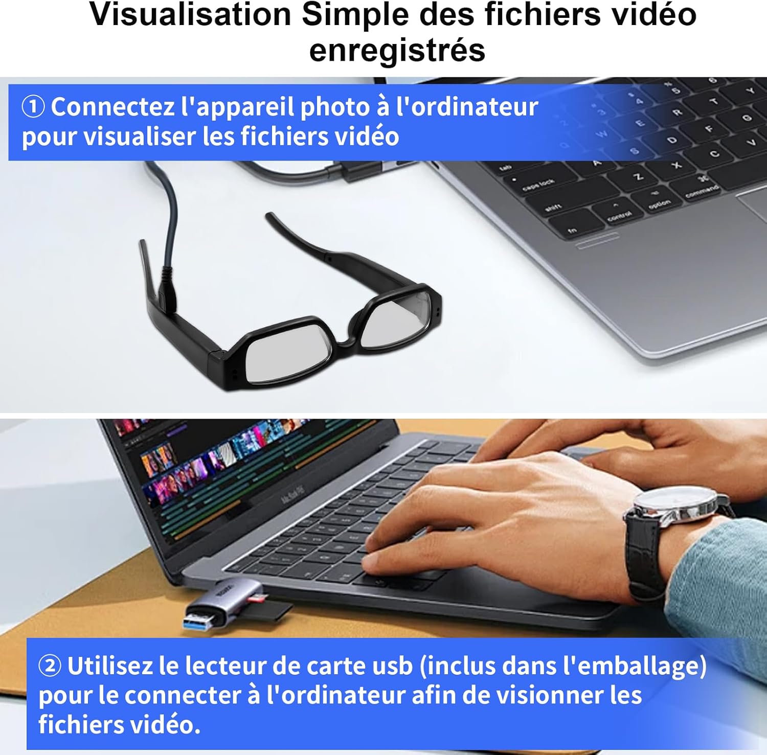 Caméra Cachée à Lunettes, Caméra d'action à Lunettes HD 1080P, Caméra Cachée Espion à Lunettes 16 Go Prenant en Charge la Prise de Photos et de Vidéos, Enregistrement en Boucle
