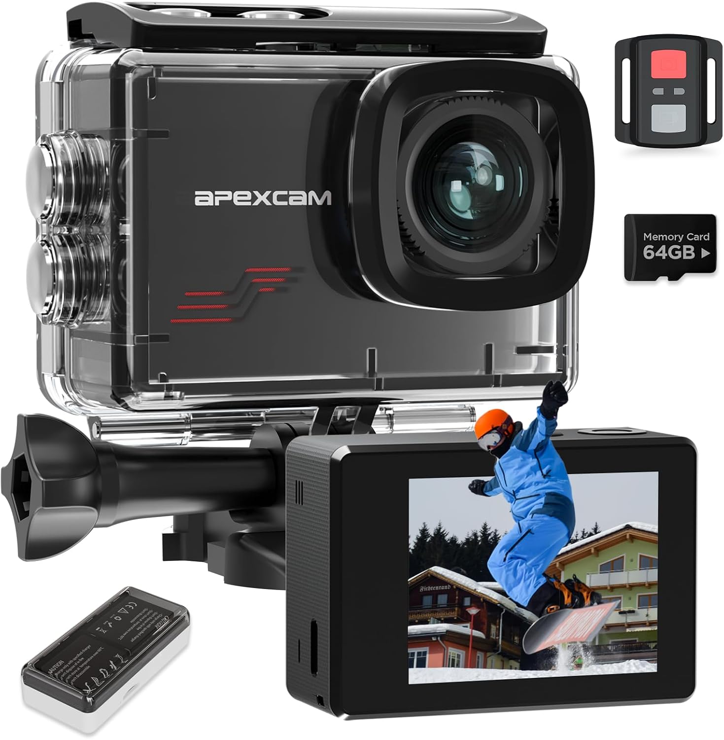 Apexcam M80 Caméra Sport 4K 60FPS avec Stabilisateur EIS Action cam avec Carte 64GB Camera Étanche 40M avec EIS 8X Zoom 170° Grand Angle avec Kits d'accessoires pour Vélo, Plongée, Randonnée