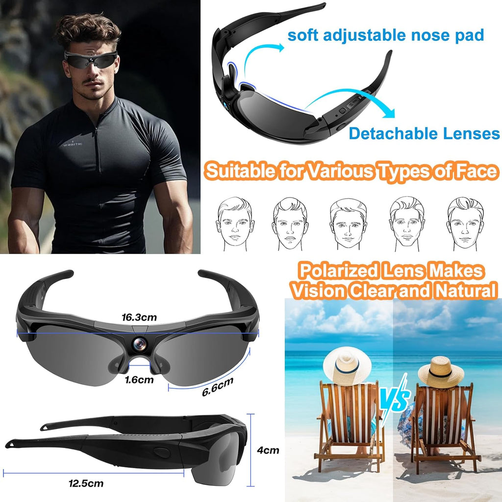 Action-Kamerabrille mit WLAN, 4K-Auflösung, 120°-Weitwinkelobjektiv, polarisierenden Gläsern, 100 Minuten Akkulaufzeit und DV-Modus – ideal für Sport und Abenteuer.