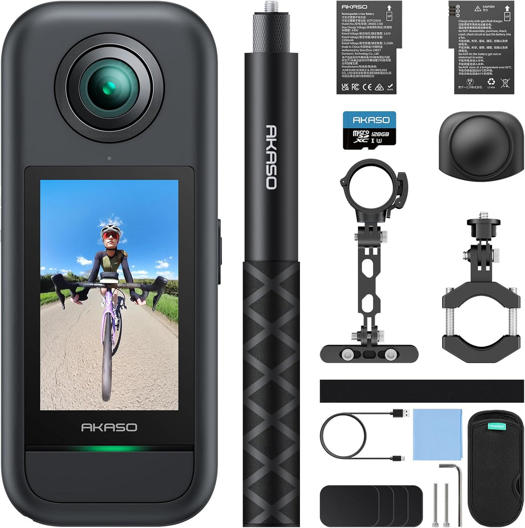 AKASO 360 Bike Kit - 360° Action Camera with 128GB Memory Card, 5.7K 72MP 360 Action Video Camera, 48MP 1/2" Sensors, Stabilization, 2.29" Touchscreen, 360° Horizon Lock, AI Tracking