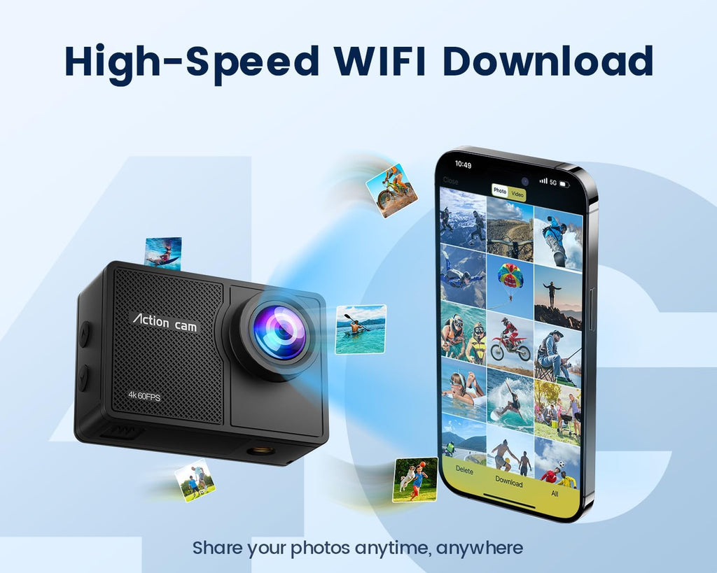 4K 60FPS Sports Camera with 64GB Micro SD Card, 8X Zoom, 131ft Waterproof Camera, 48MP Action Camera with EIS, 170° Underwater Camera, WiFi Remote Control, 2 x 1350mAh Batteries, and Various Accessories