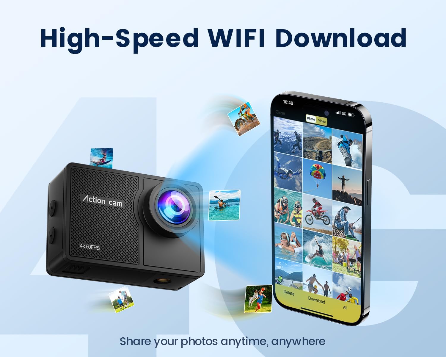 Caméra Sport 4K 60FPS avec Micro SD 64GB,8X Zoom 131ft Caméras Étanche,48MP Caméra d'action EIS,170° Camérasous-Marine Télécommande WiFi 2 * 1350 mAh Divers Accessoires