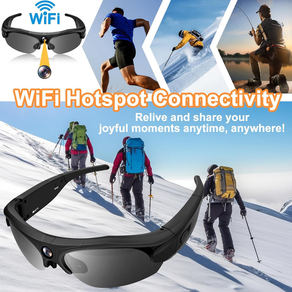 Action-Kamerabrille mit WLAN, 4K-Auflösung, 120°-Weitwinkelobjektiv, polarisierenden Gläsern, 100 Minuten Akkulaufzeit und DV-Modus – ideal für Sport und Abenteuer.