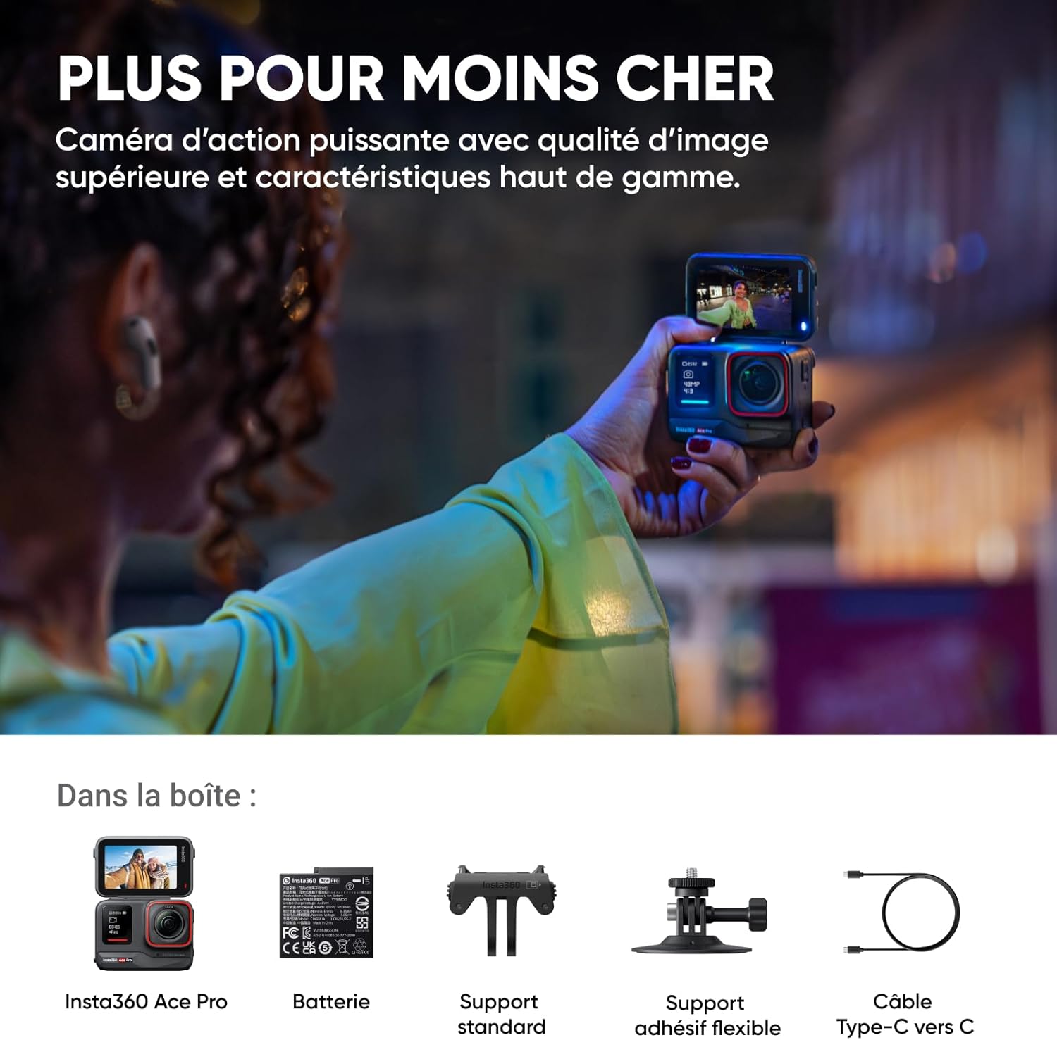 Insta360 Ace Pro - Caméra d'action étanche conçue avec Leica, capteur de 1/1,3", réduction du bruit par l'IA pour une qualité d'image inégalée, 4K 120ips, écran rabattable 2,4" et fonctionnalités d'IA