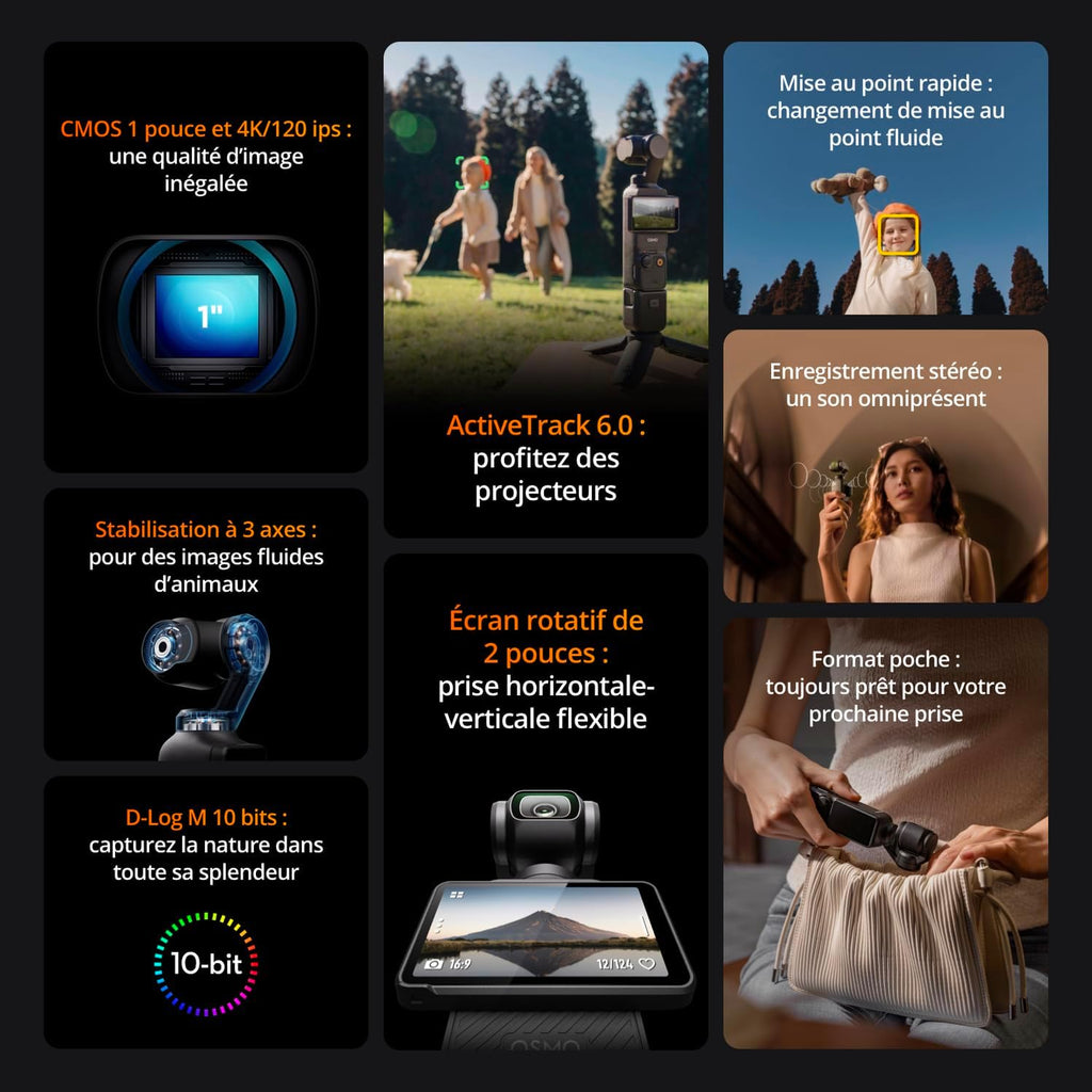 DJI Osmo Pocket 3 Creator Bundle, 1" CMOS Vlog-Kamera mit 4K/120fps Videoaufzeichnung, kompakt und digital, 3-Achsen-Stabilisierung, Gesichts-/Objektverfolgung, schneller Autofokus und Mikrofon für klaren Ton.