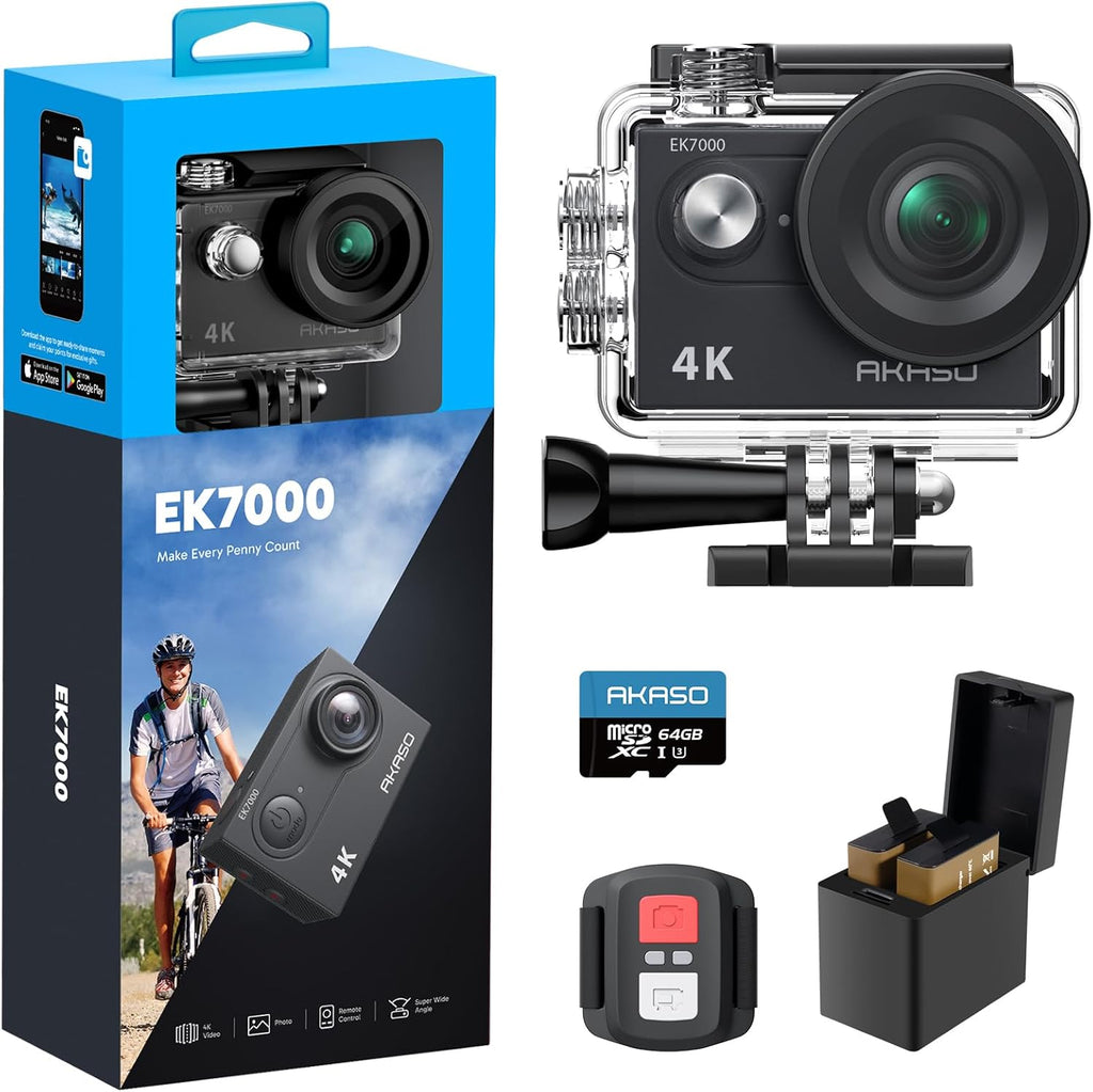 AKASO EK7000 4K 30fps 20MP WiFi Sports Camera with 64GB microSDXC Memory Card, Waterproof up to 30M 4K Action Camera with 170° Wide Angle Stabilization and 2.4G Remote Control