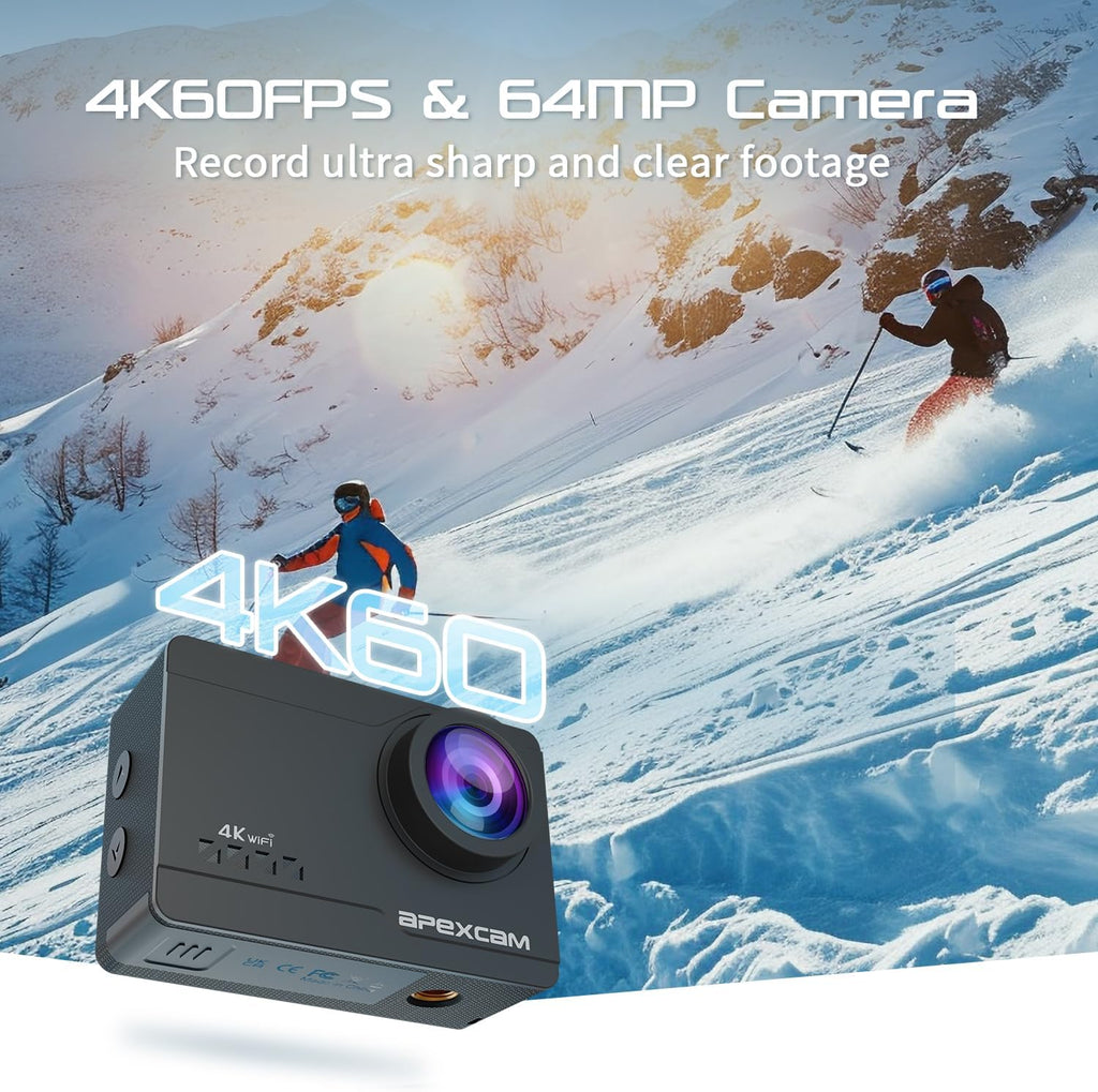 4K 60FPS 64MP Touchscreen Sports Camera with EIS Stabilization, 40M Waterproof WiFi Camera, 2 x 1350mAh Batteries, 64GB Card Included and Storage Case – Action Cam for Diving, Cycling, Skiing, Travel