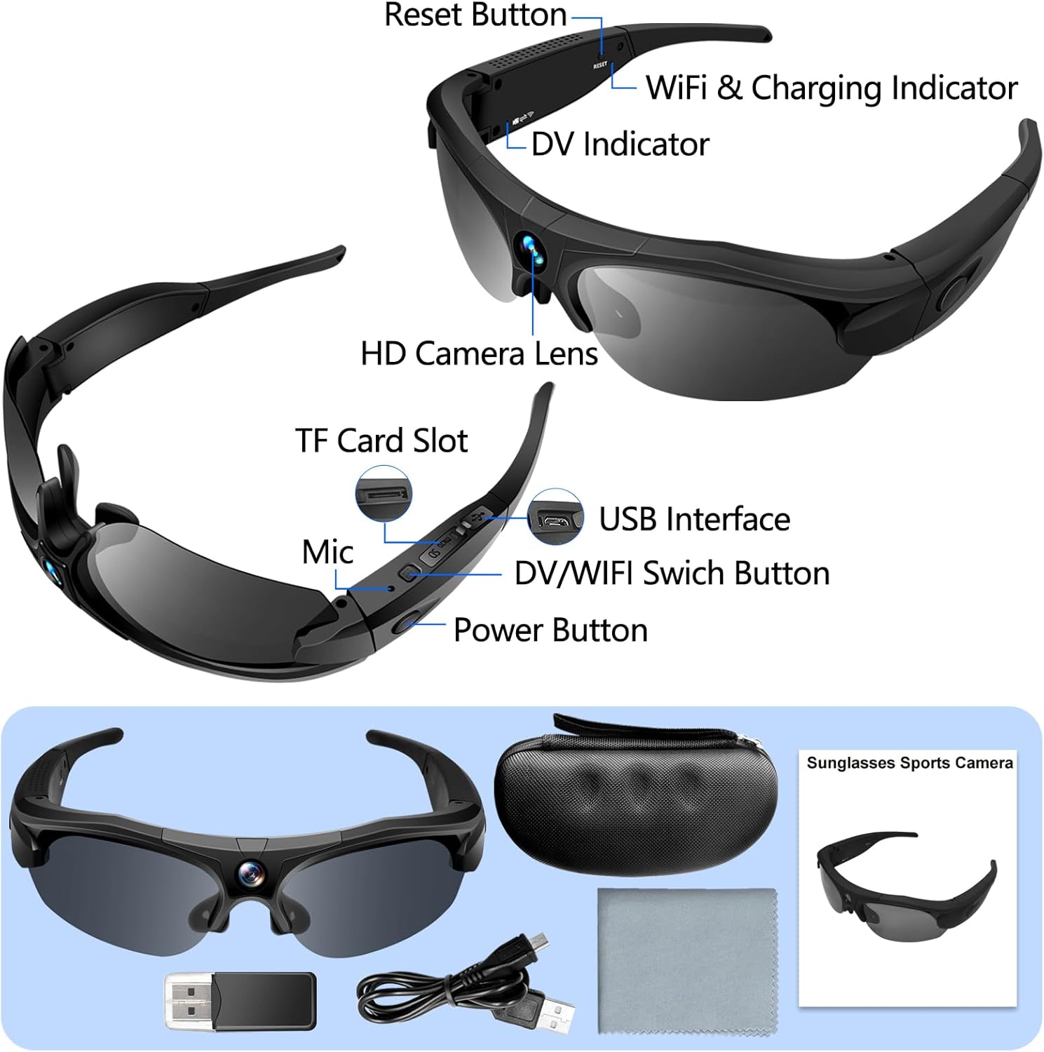 Lunette Camera, WiFi 4K & Grand Angle 120° Action Cam, Objectifs Polarisés & Batterie 100 Minutes & Mode DV Lunettes Camera pour Le Sport et L'Aventure