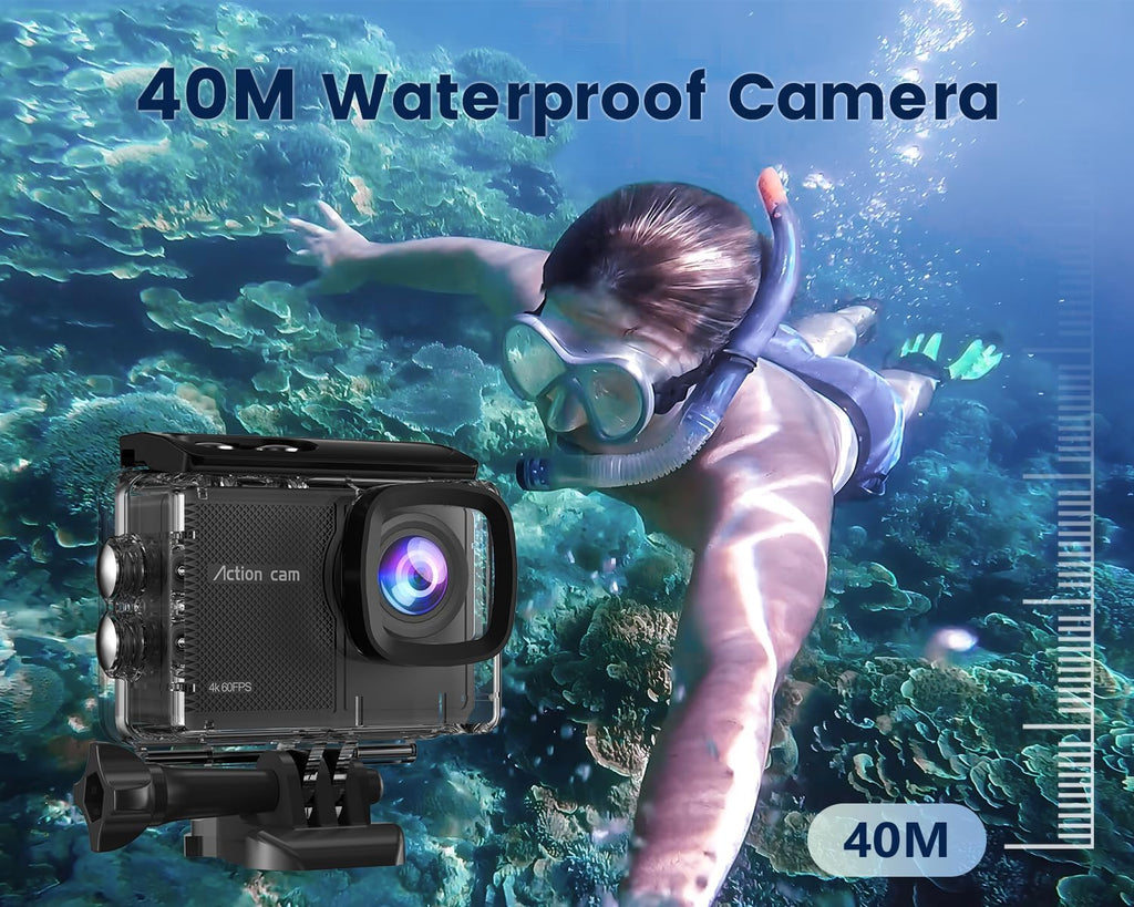 4K 60FPS Sports Camera with 64GB Micro SD Card, 8X Zoom, 131ft Waterproof Camera, 48MP Action Camera with EIS, 170° Underwater Camera, WiFi Remote Control, 2 x 1350mAh Batteries, and Various Accessories