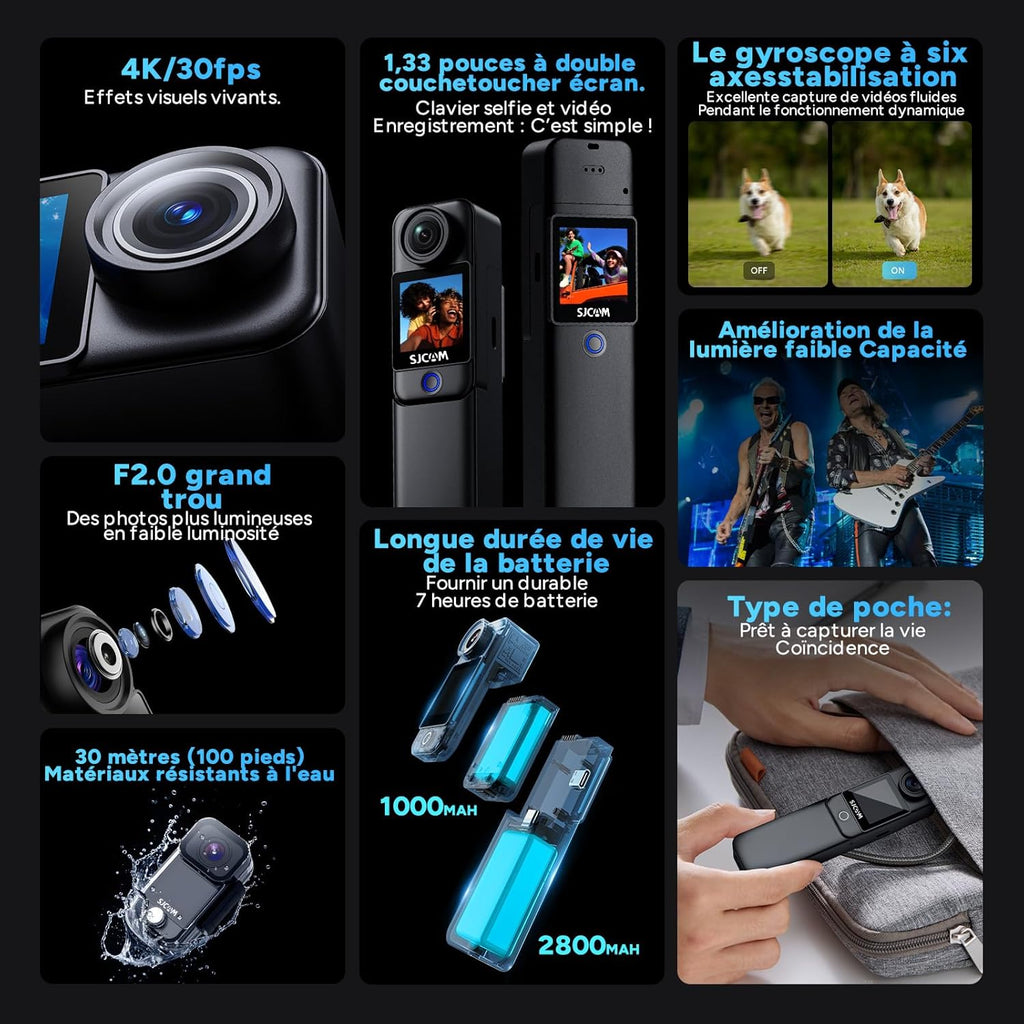 SJCAM C300 4K Vlog-Kamera, 460 Min. Akkulaufzeit, Dual-Touchscreen, Unterwasserkamera, 6-Achsen-Stabilisierung, ideal für Vlogging, Reisen, Outdoor-Aktivitäten, Set mit Zubehör, Schwarz (64G)