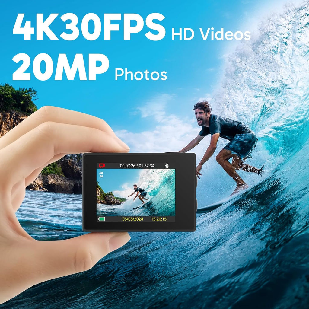 AKASO EK7000 4K 30fps 20MP WiFi Sports Camera with 64GB microSDXC Memory Card, Waterproof up to 30M 4K Action Camera with 170° Wide Angle Stabilization and 2.4G Remote Control