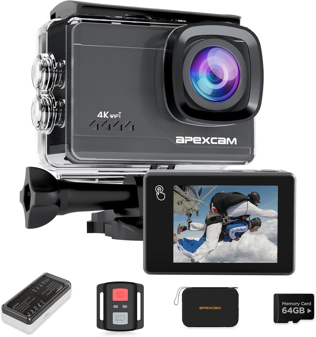 4K 60FPS 64MP Touchscreen Sports Camera with EIS Stabilization, 40M Waterproof WiFi Camera, 2 x 1350mAh Batteries, 64GB Card Included and Storage Case – Action Cam for Diving, Cycling, Skiing, Travel