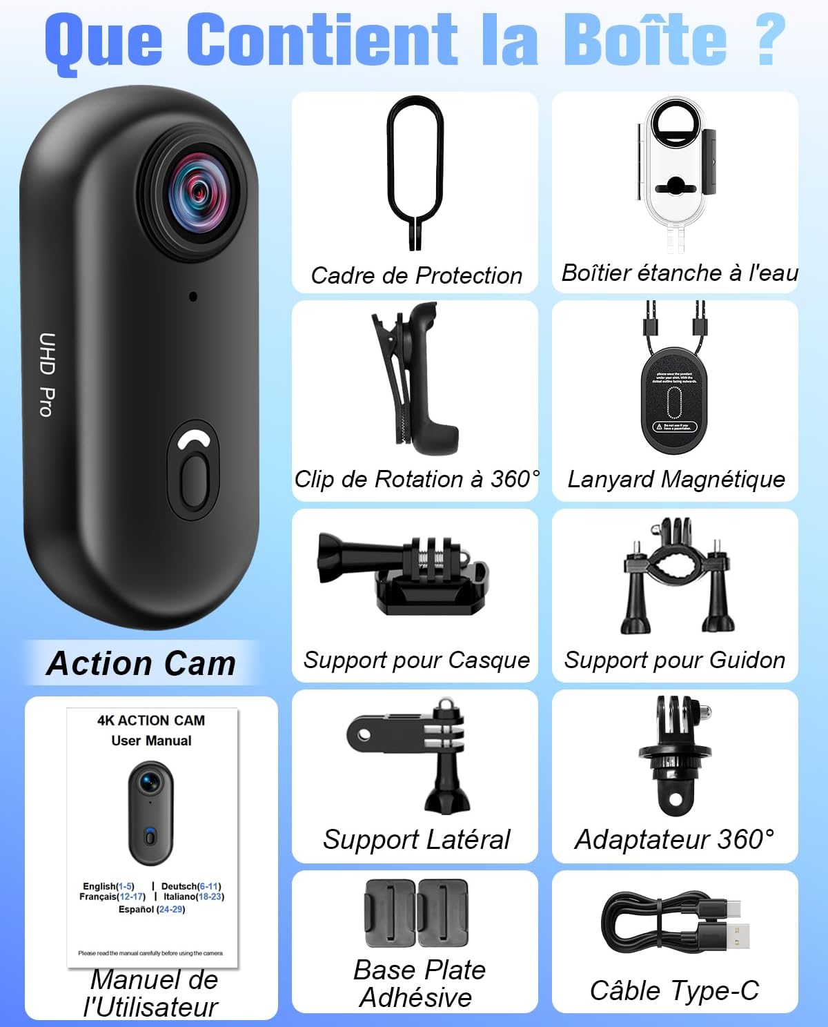Caméra Sport 4K, Camera Action WiFi 120°, Minicaméra Sportive Étanche 30M Action Cam Corporelle Camera Vlog Petite Caméra Vidéo Vélo Casque avec Accessoires Multifonctions