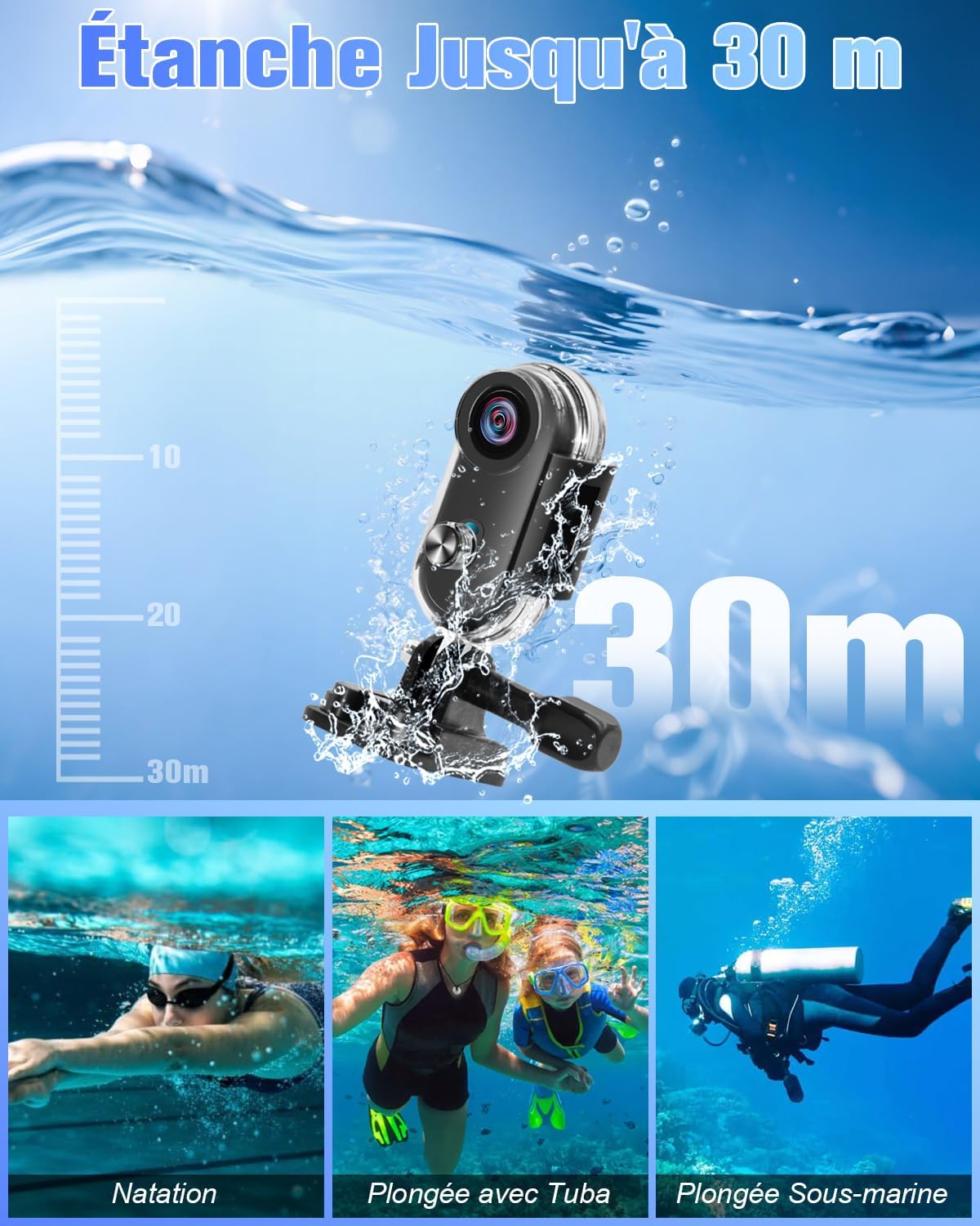 Caméra Sport 4K, Camera Action WiFi 120°, Minicaméra Sportive Étanche 30M Action Cam Corporelle Camera Vlog Petite Caméra Vidéo Vélo Casque avec Accessoires Multifonctions